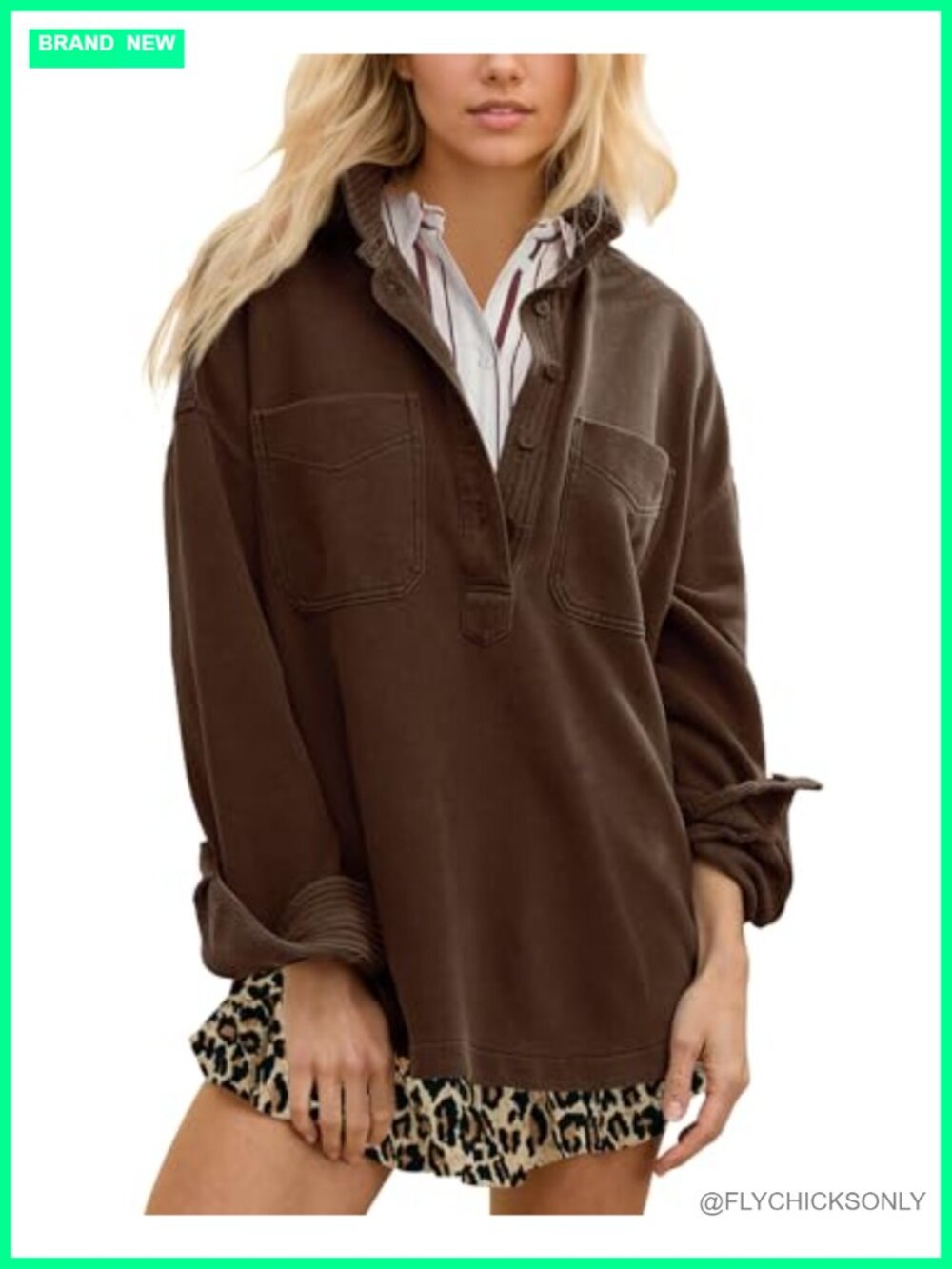 Oversized Polo Neck Sweatshirt Pullover Top Button Front Slouchy